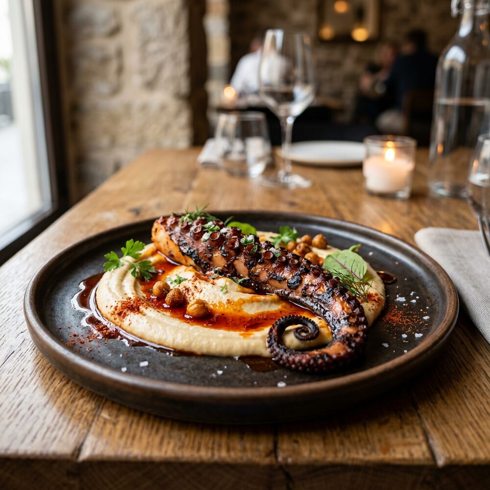 Pata de pulpo con puré de garbanzos
